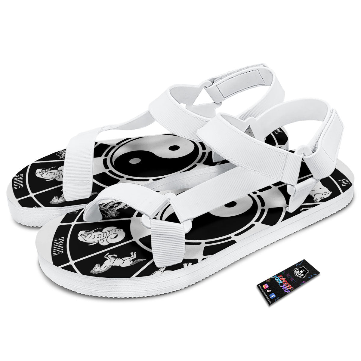 Chinese Zodiac White And Black Print White Open Toe Sandals-grizzshop