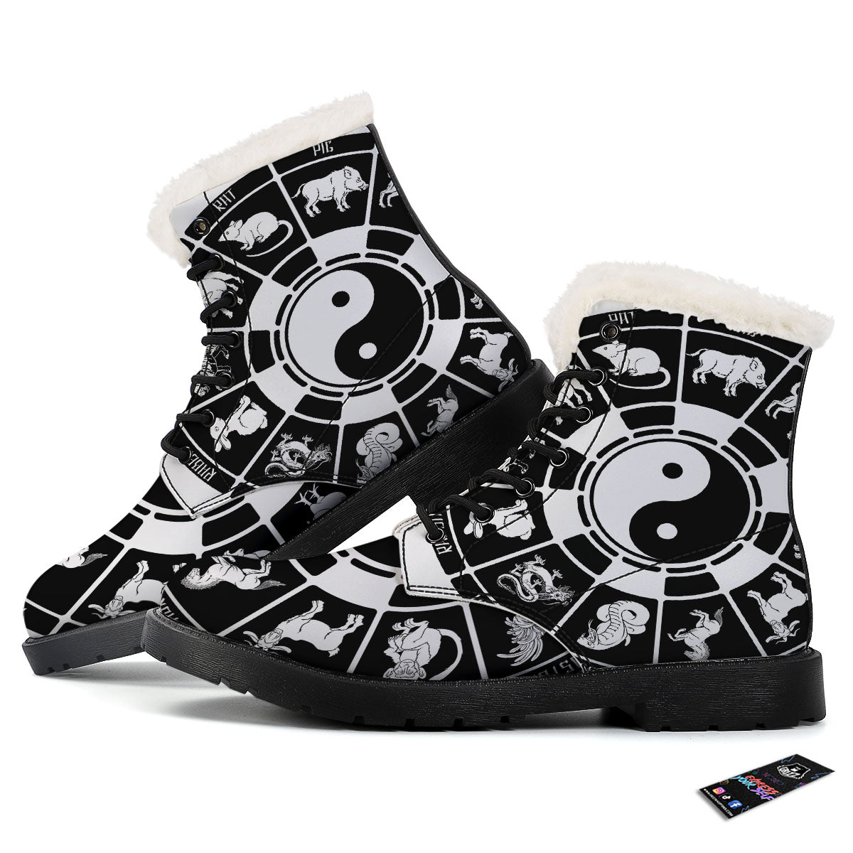 Chinese Zodiac White And Black Print Winter Boots-grizzshop