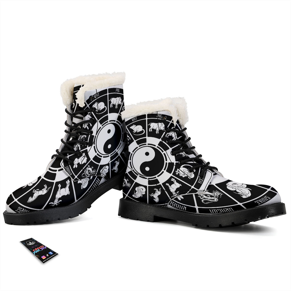 Chinese Zodiac White And Black Print Winter Boots-grizzshop