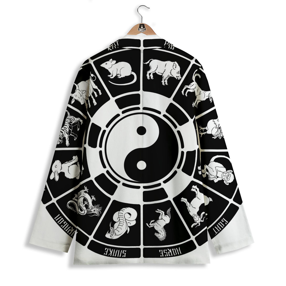 Chinese Zodiac White And Black Print Women's Blazer-grizzshop