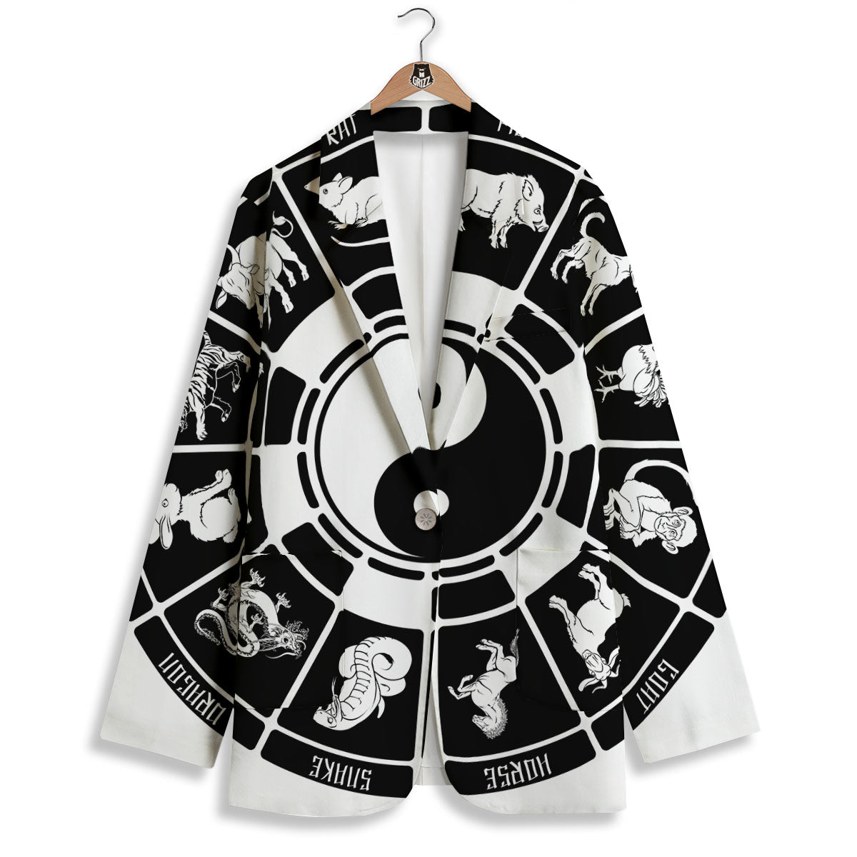 Chinese Zodiac White And Black Print Women's Blazer-grizzshop