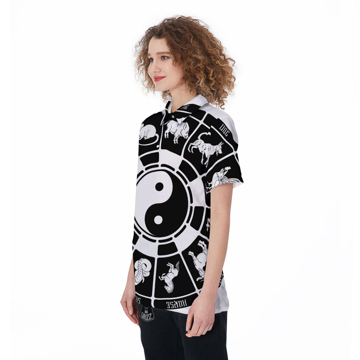 Chinese Zodiac White And Black Print Women's Golf Shirts-grizzshop