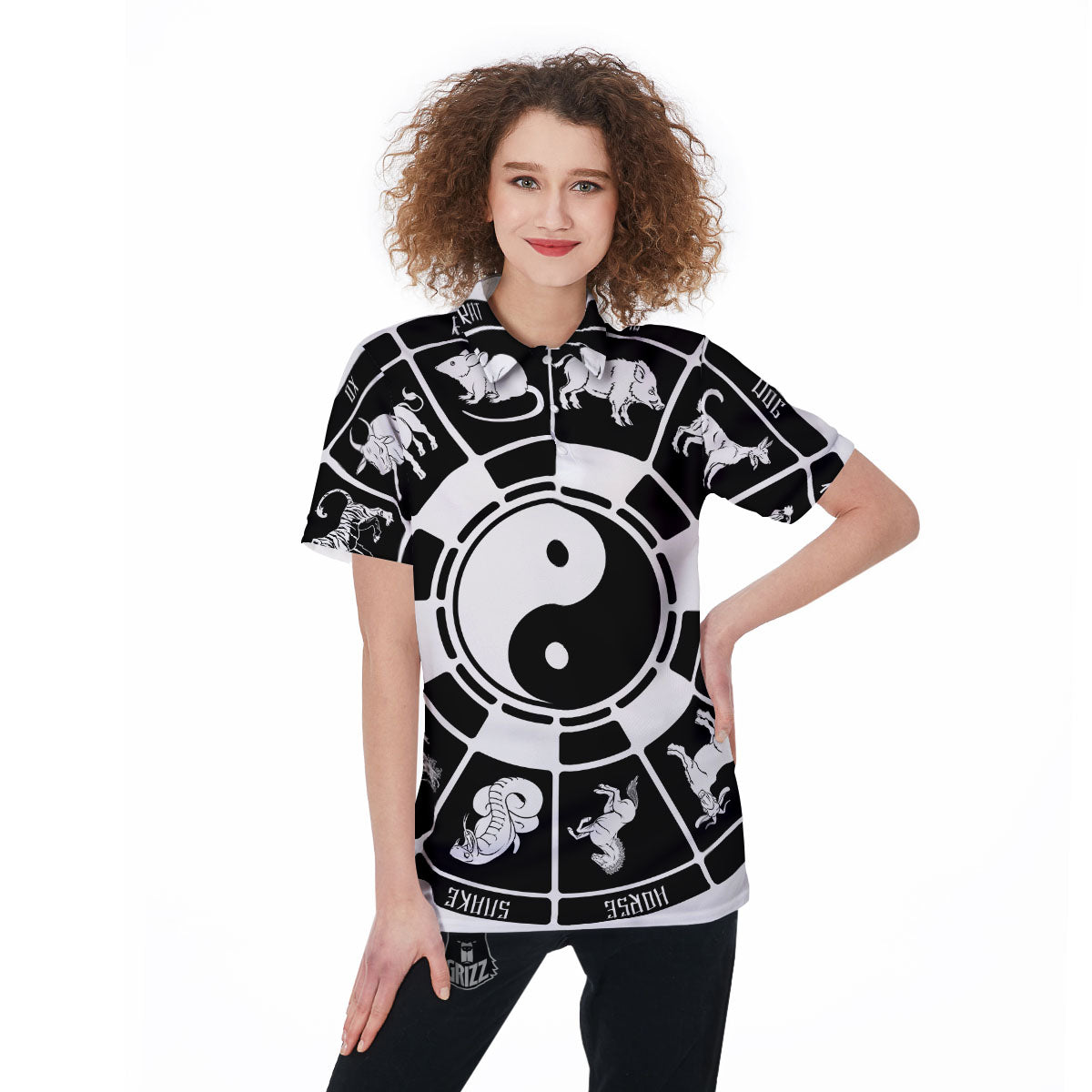 Chinese Zodiac White And Black Print Women's Golf Shirts-grizzshop