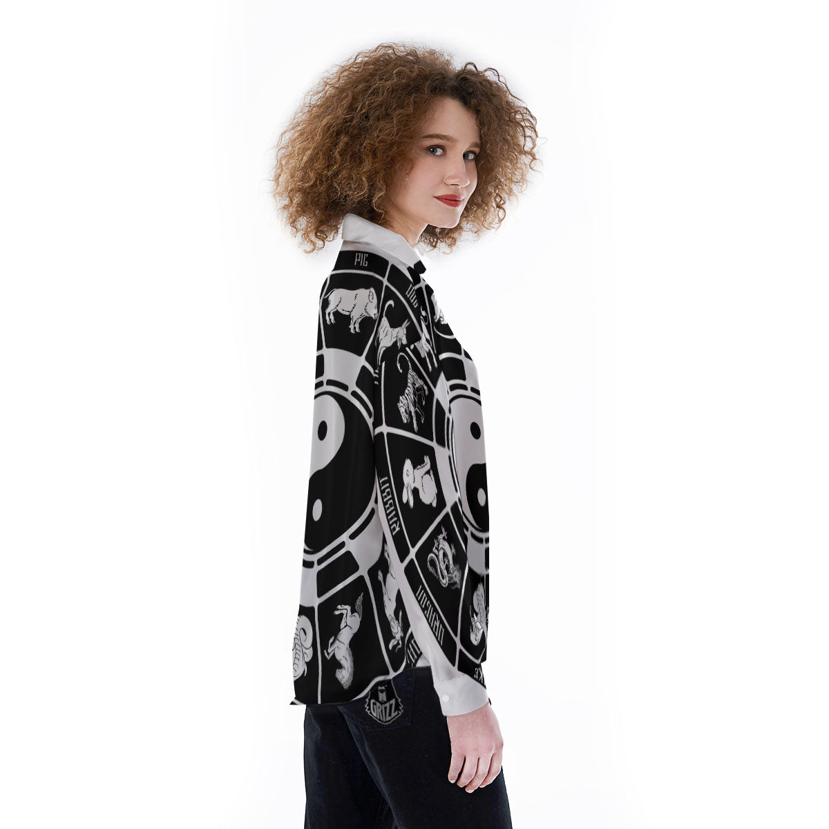 Chinese Zodiac White And Black Print Women's Long Sleeve Shirts-grizzshop