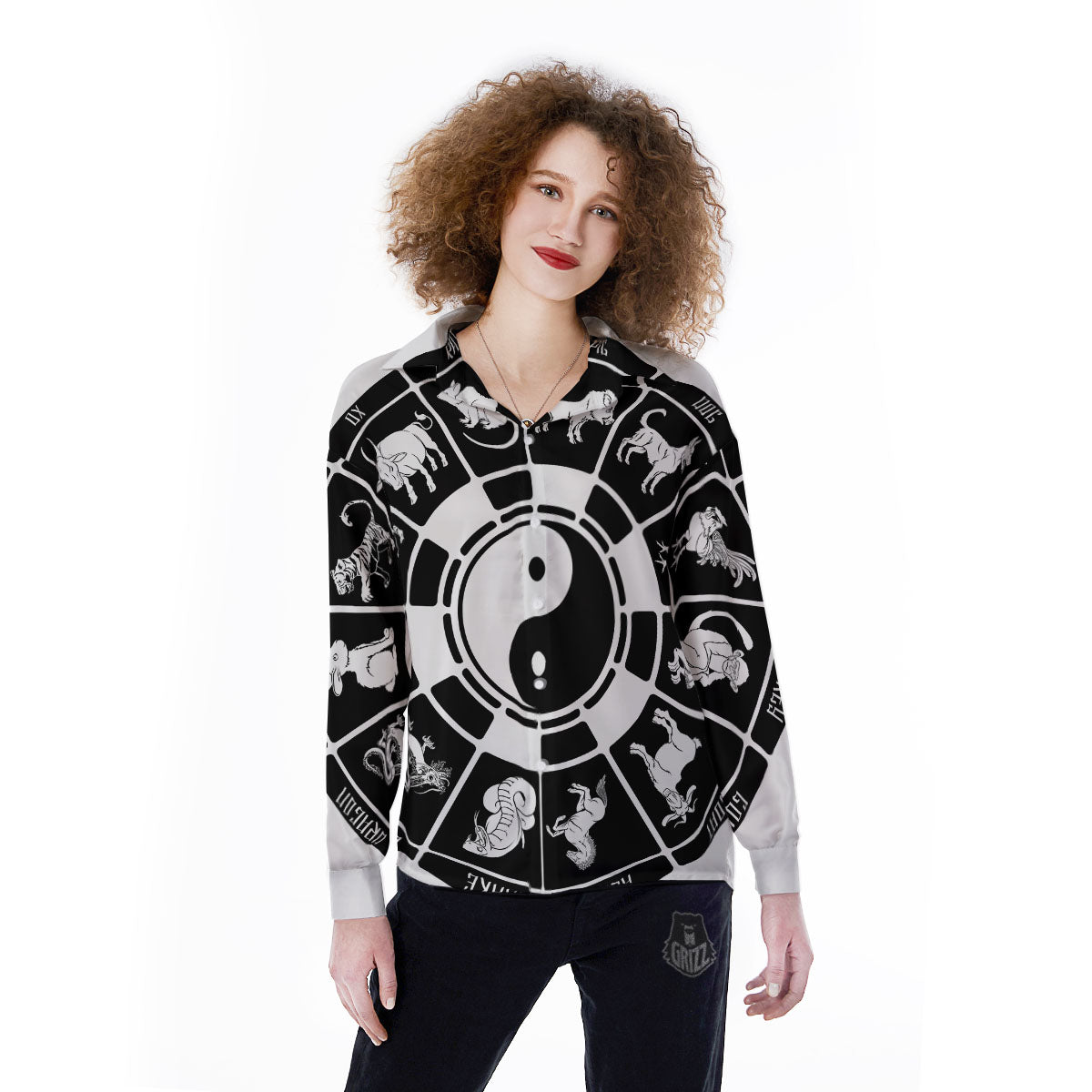 Chinese Zodiac White And Black Print Women's Long Sleeve Shirts-grizzshop