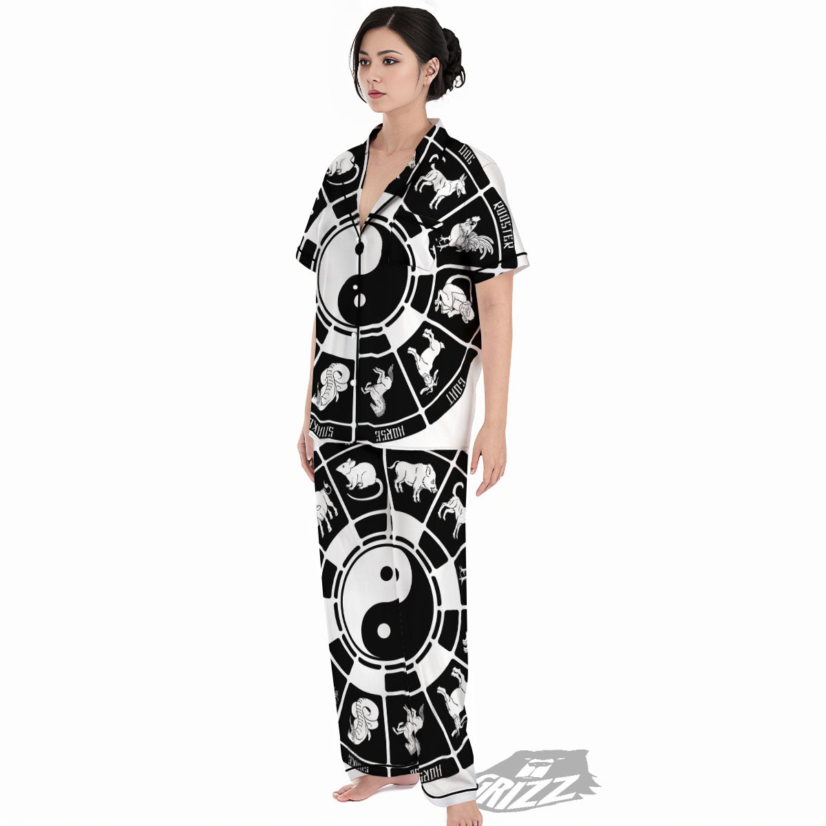 Chinese Zodiac White And Black Print Women's Pajamas Set-grizzshop