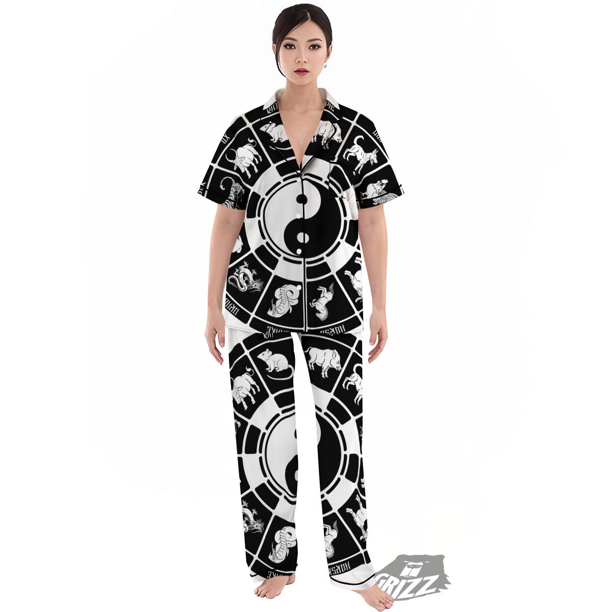 Chinese Zodiac White And Black Print Women's Pajamas Set-grizzshop