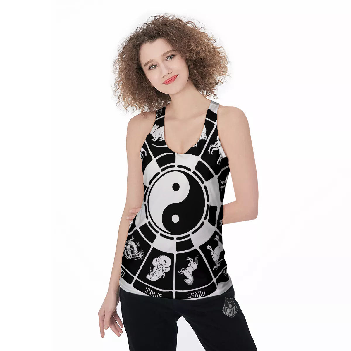 Chinese Zodiac White And Black Print Women's Racerback Tank Top-grizzshop