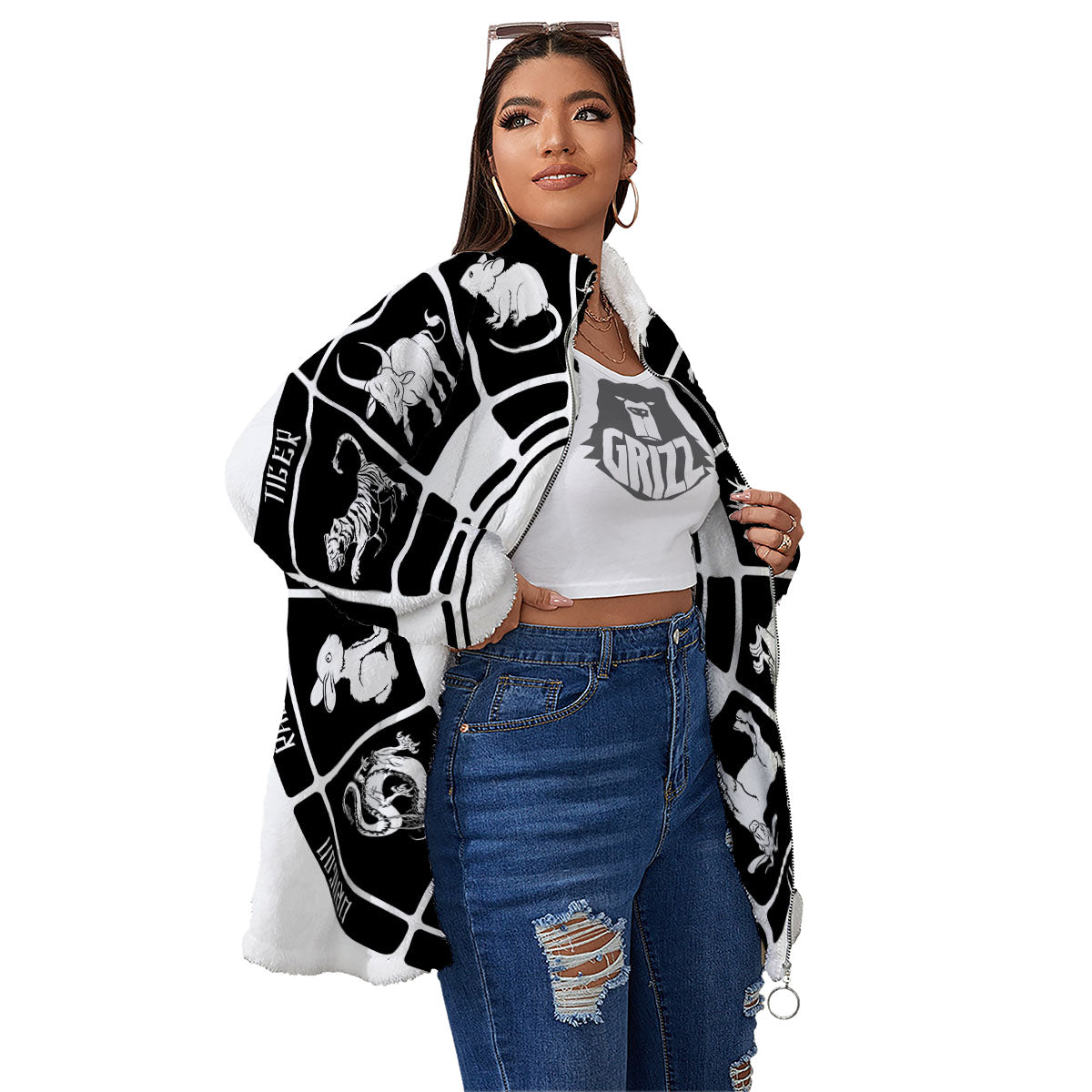 Chinese Zodiac White And Black Print Women's Sherpa Jacket-grizzshop