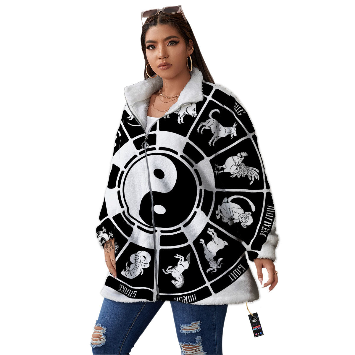 Chinese Zodiac White And Black Print Women's Sherpa Jacket-grizzshop