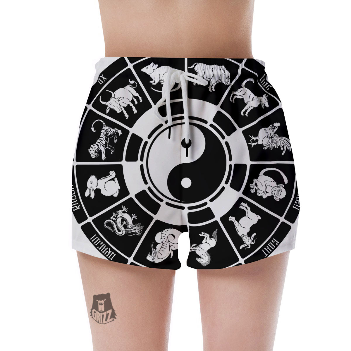Chinese Zodiac White And Black Print Women's Shorts-grizzshop