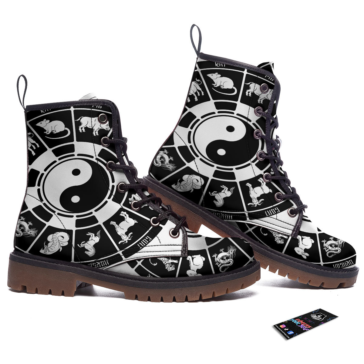 Chinese Zodiac White And Black Print Work Boots-grizzshop