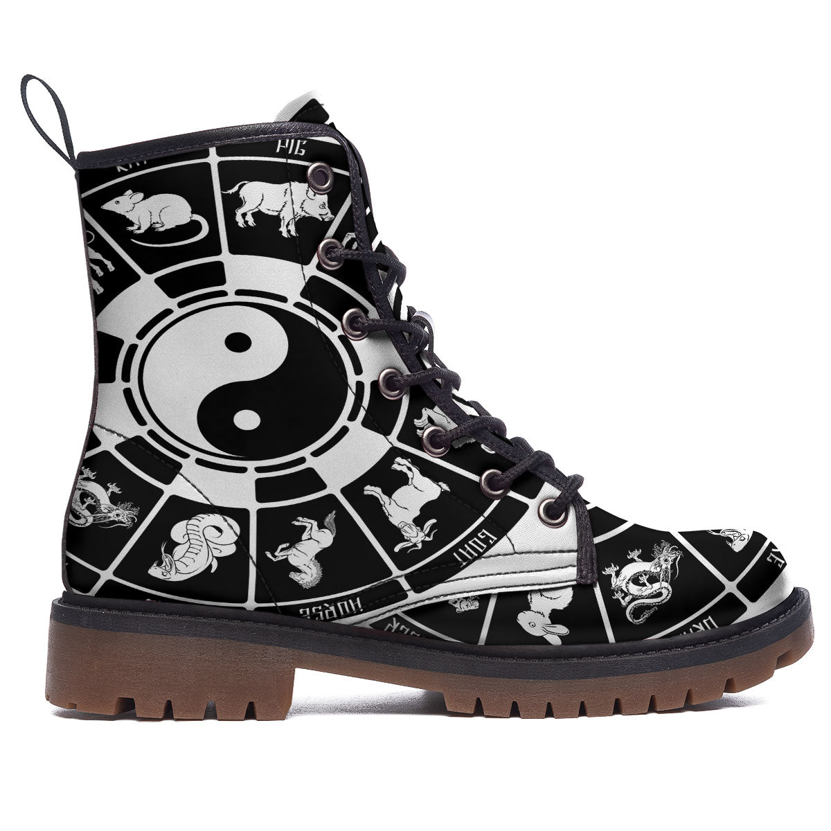 Chinese Zodiac White And Black Print Work Boots-grizzshop
