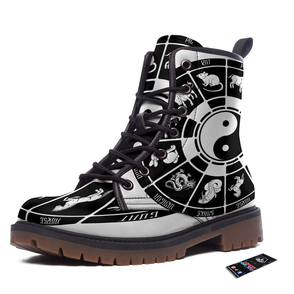 Chinese Zodiac White And Black Print Work Boots-grizzshop