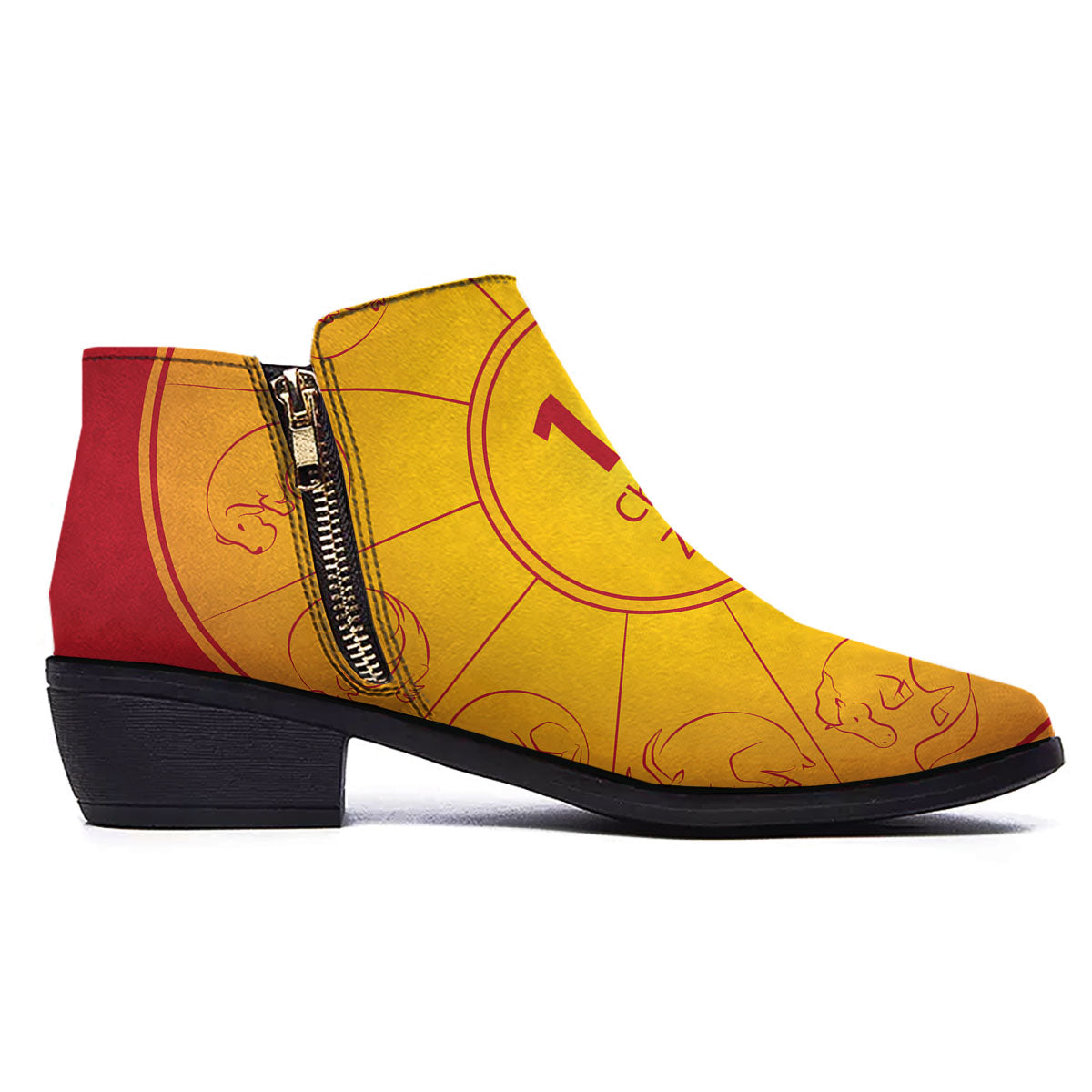 Chinese Zodiac Yellow And Red Print Ankle Boots-grizzshop