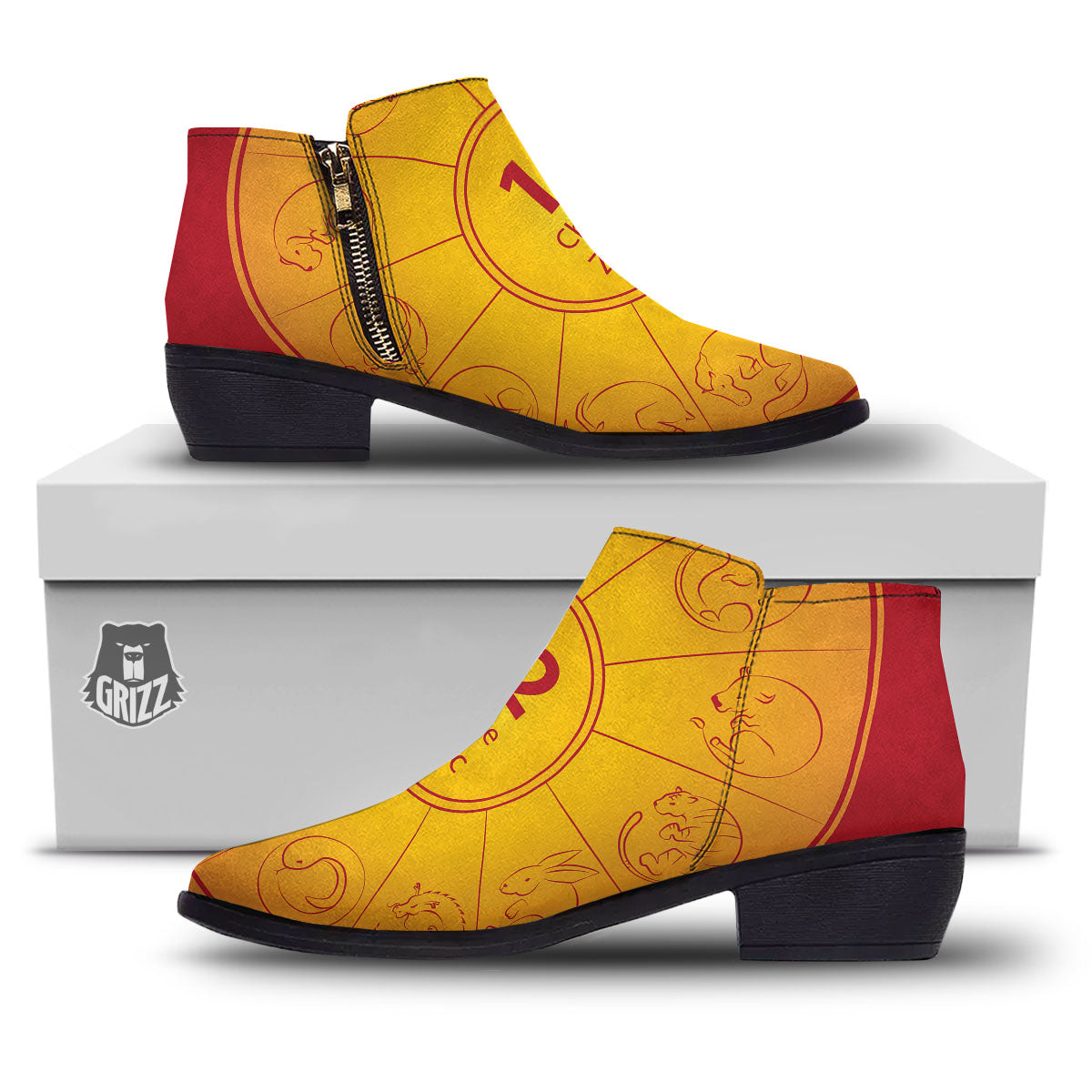Chinese Zodiac Yellow And Red Print Ankle Boots-grizzshop