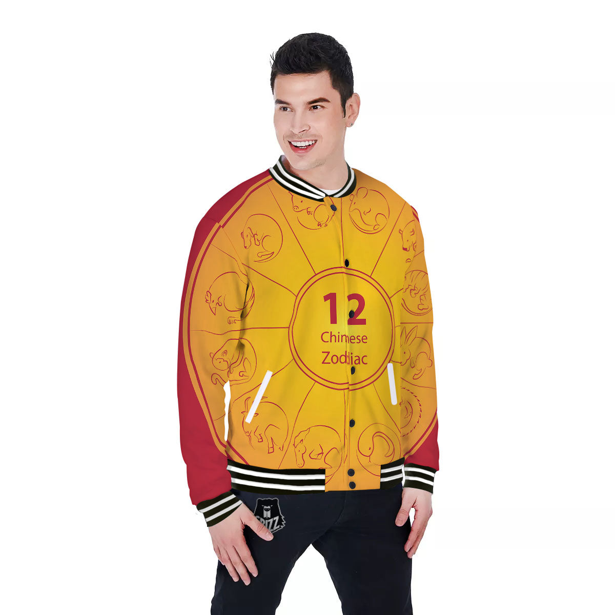Chinese Zodiac Yellow And Red Print Baseball Jacket-grizzshop