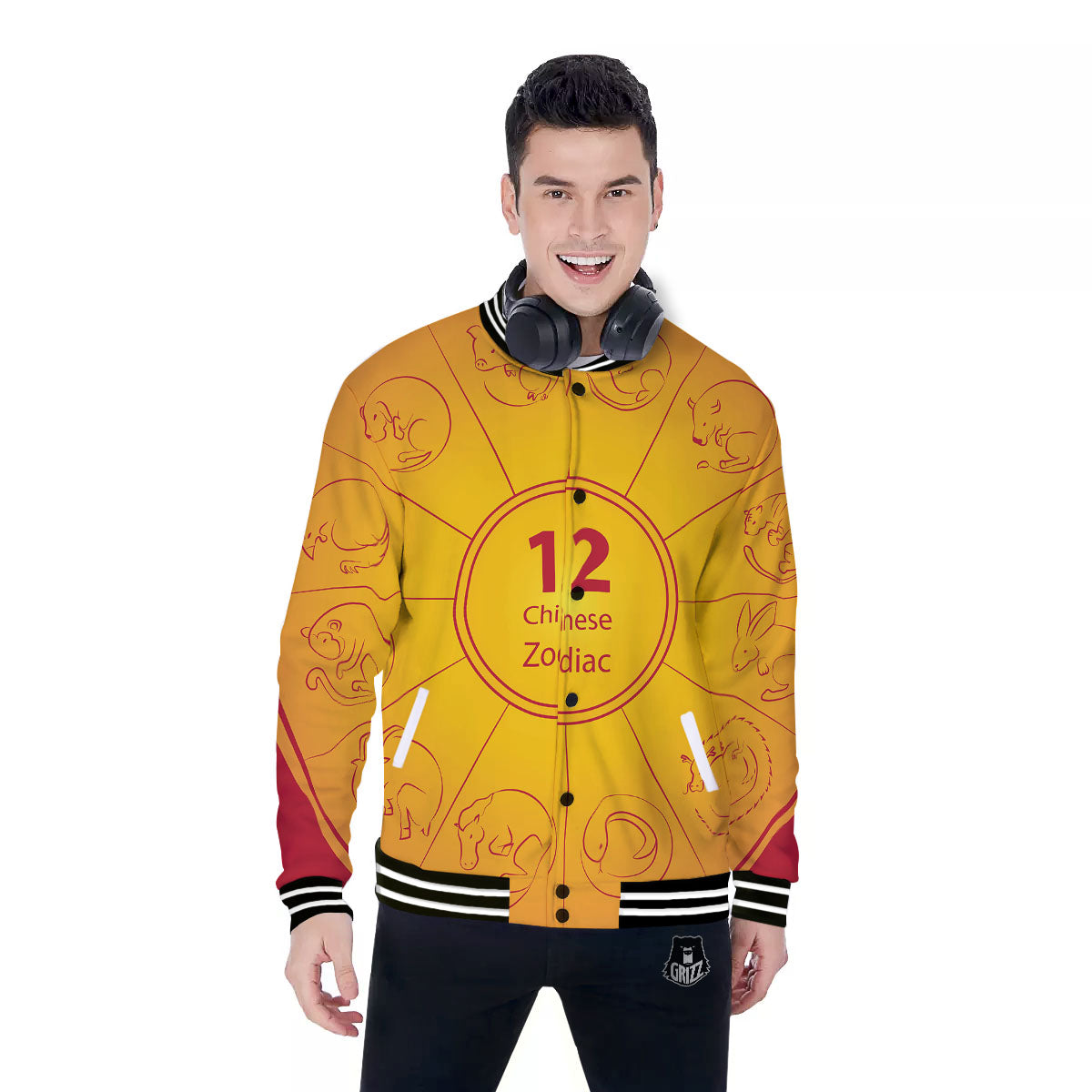 Chinese Zodiac Yellow And Red Print Baseball Jacket-grizzshop