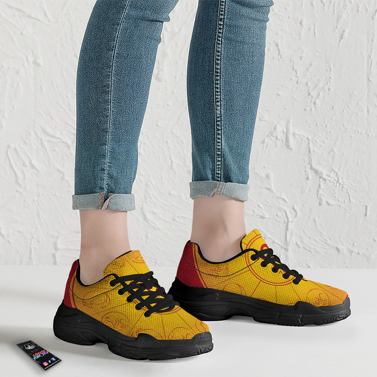 Chinese Zodiac Yellow And Red Print Black Chunky Shoes-grizzshop