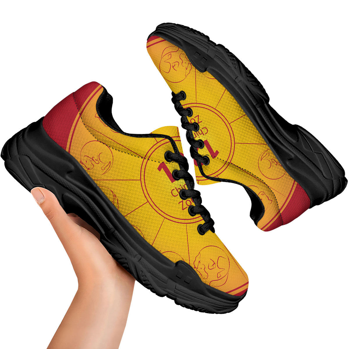 Chinese Zodiac Yellow And Red Print Black Chunky Shoes-grizzshop