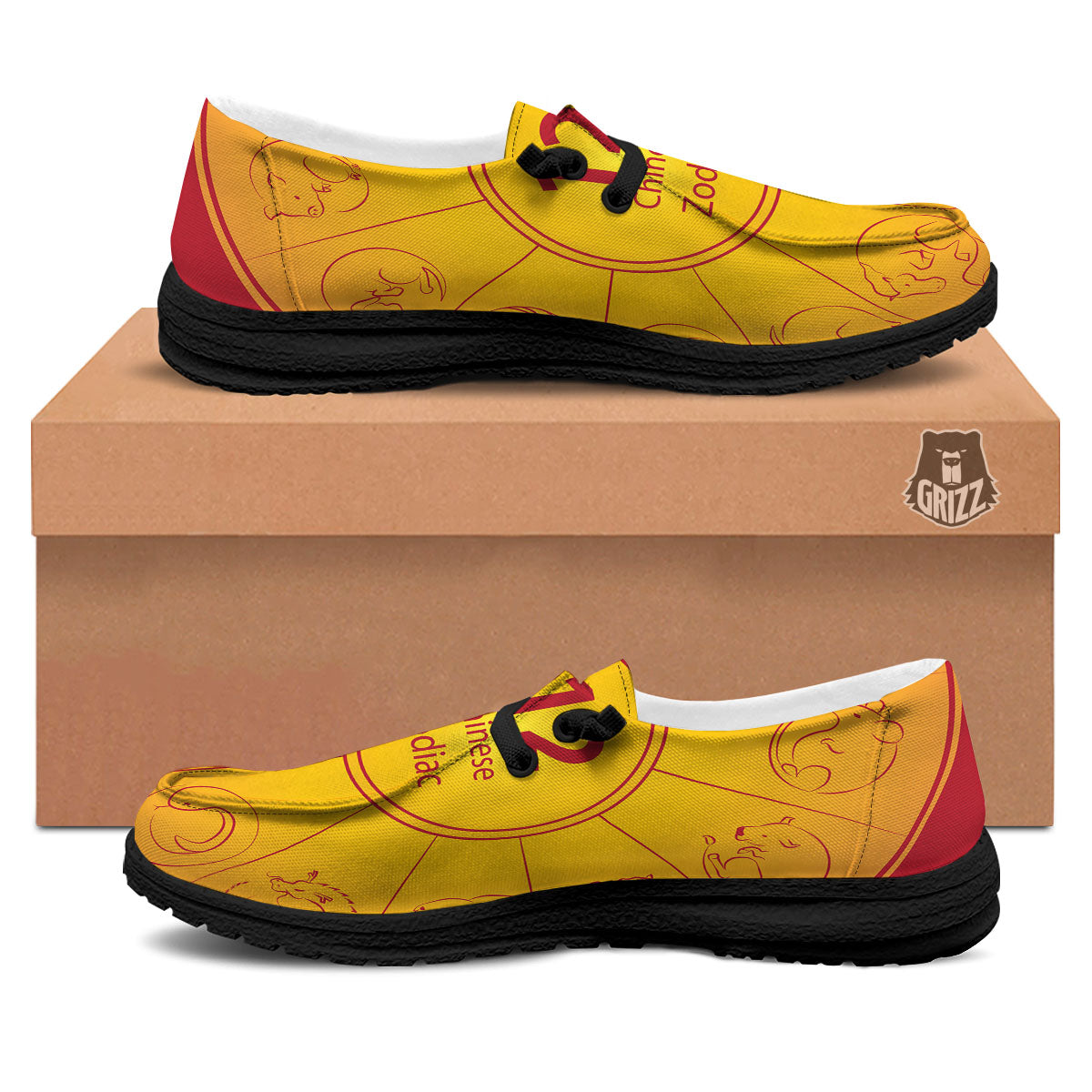 Chinese Zodiac Yellow And Red Print Black Loafers-grizzshop
