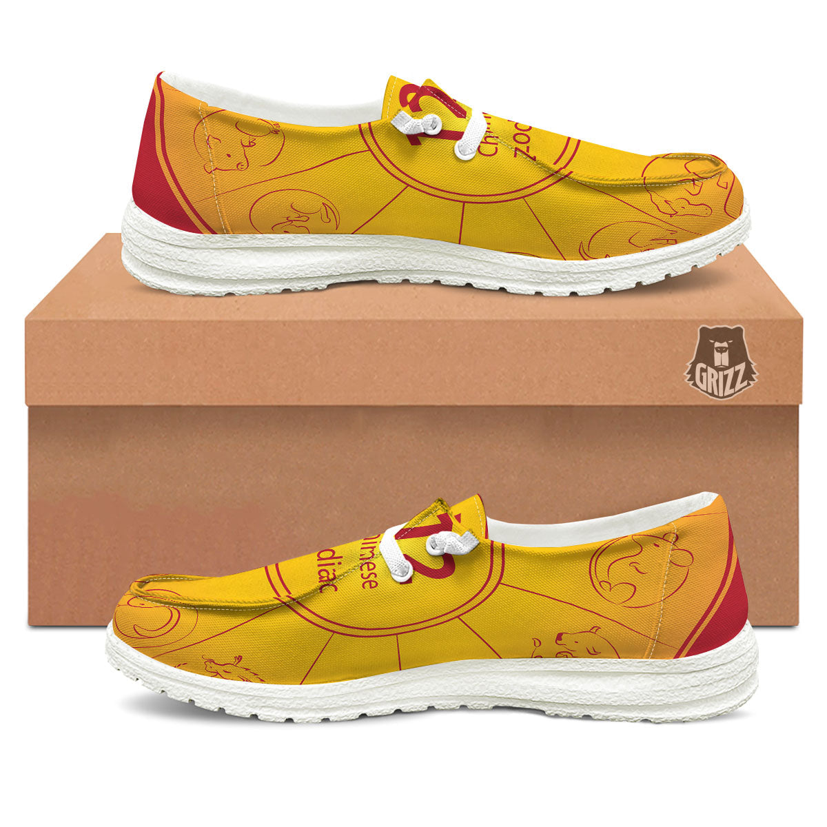 Chinese Zodiac Yellow And Red Print Black Loafers-grizzshop