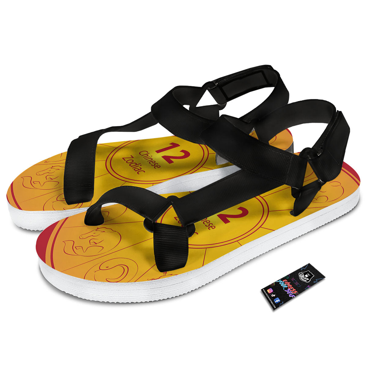 Chinese Zodiac Yellow And Red Print Black Open Toe Sandals-grizzshop