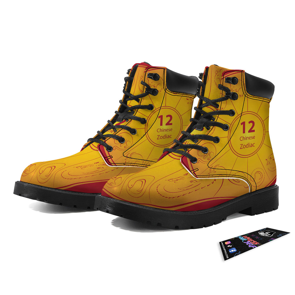 Chinese Zodiac Yellow And Red Print Boots-grizzshop