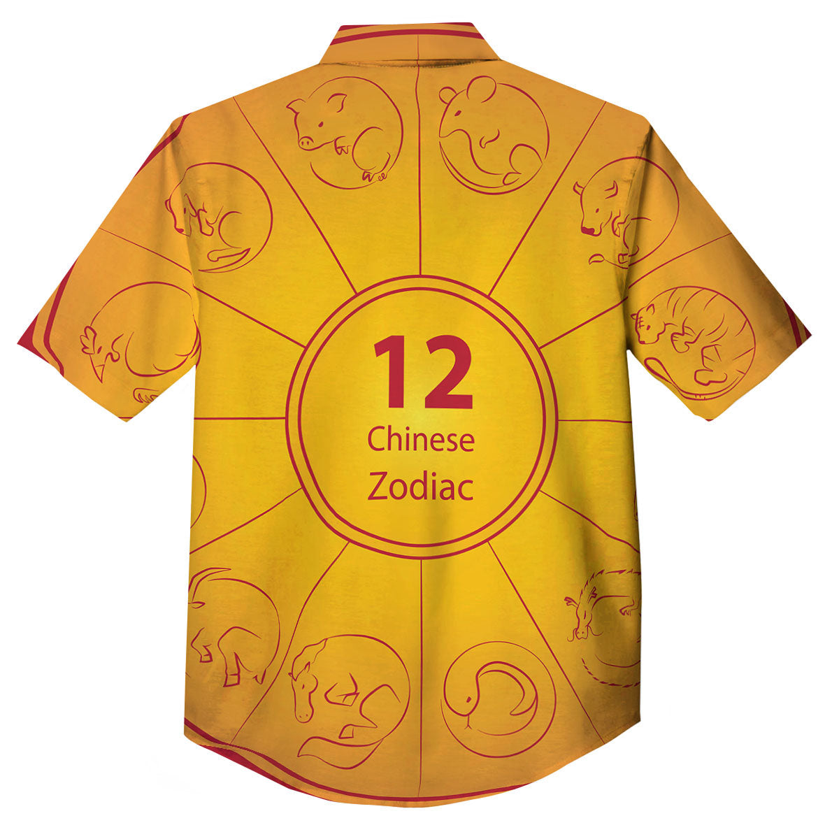 Chinese Zodiac Yellow And Red Print Button Up Shirt-grizzshop