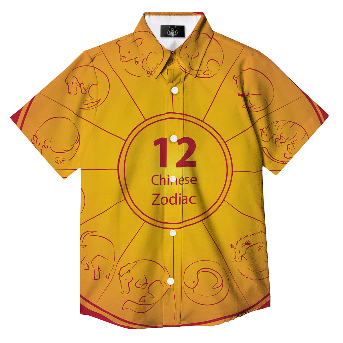 Chinese Zodiac Yellow And Red Print Button Up Shirt-grizzshop