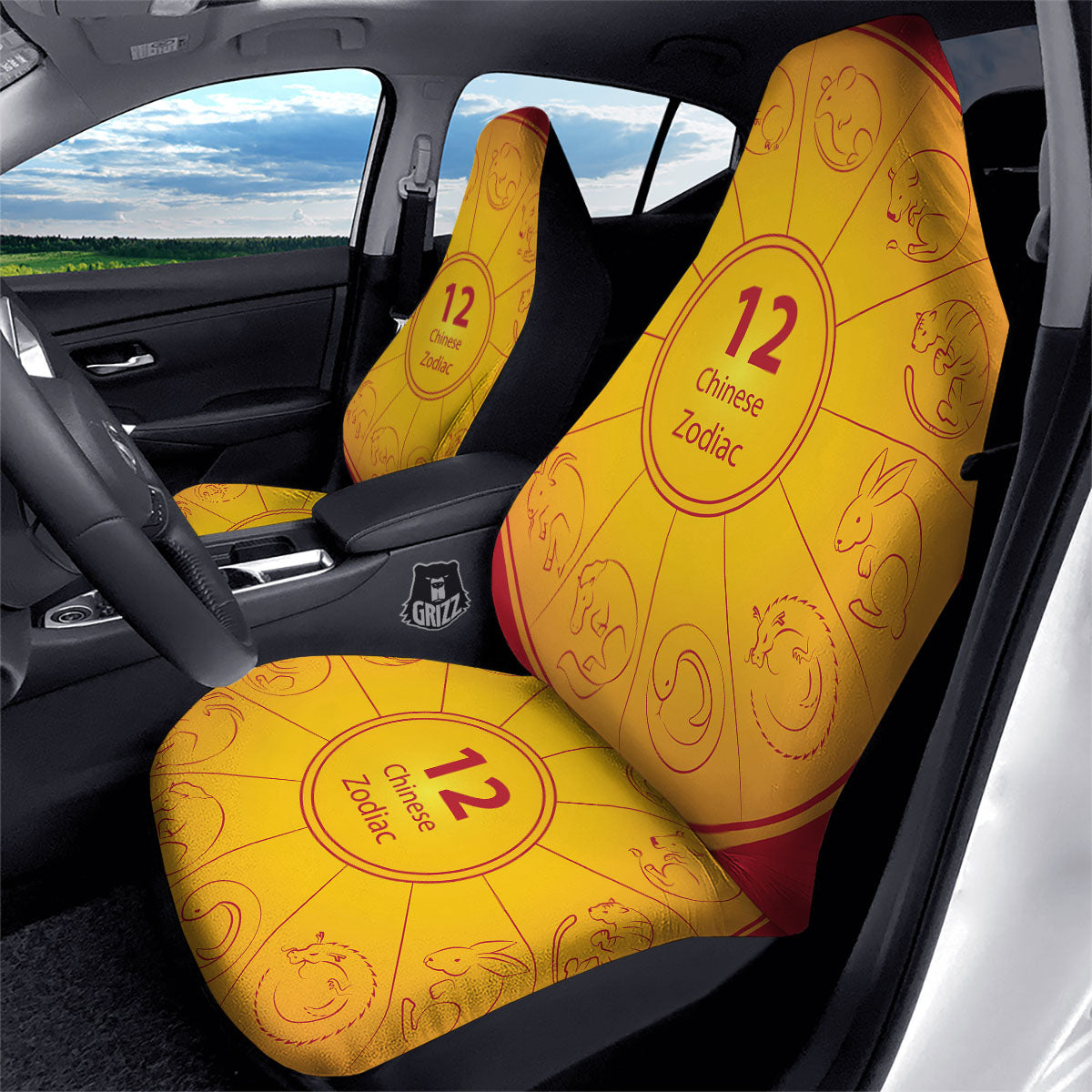 Chinese Zodiac Yellow And Red Print Car Seat Covers-grizzshop