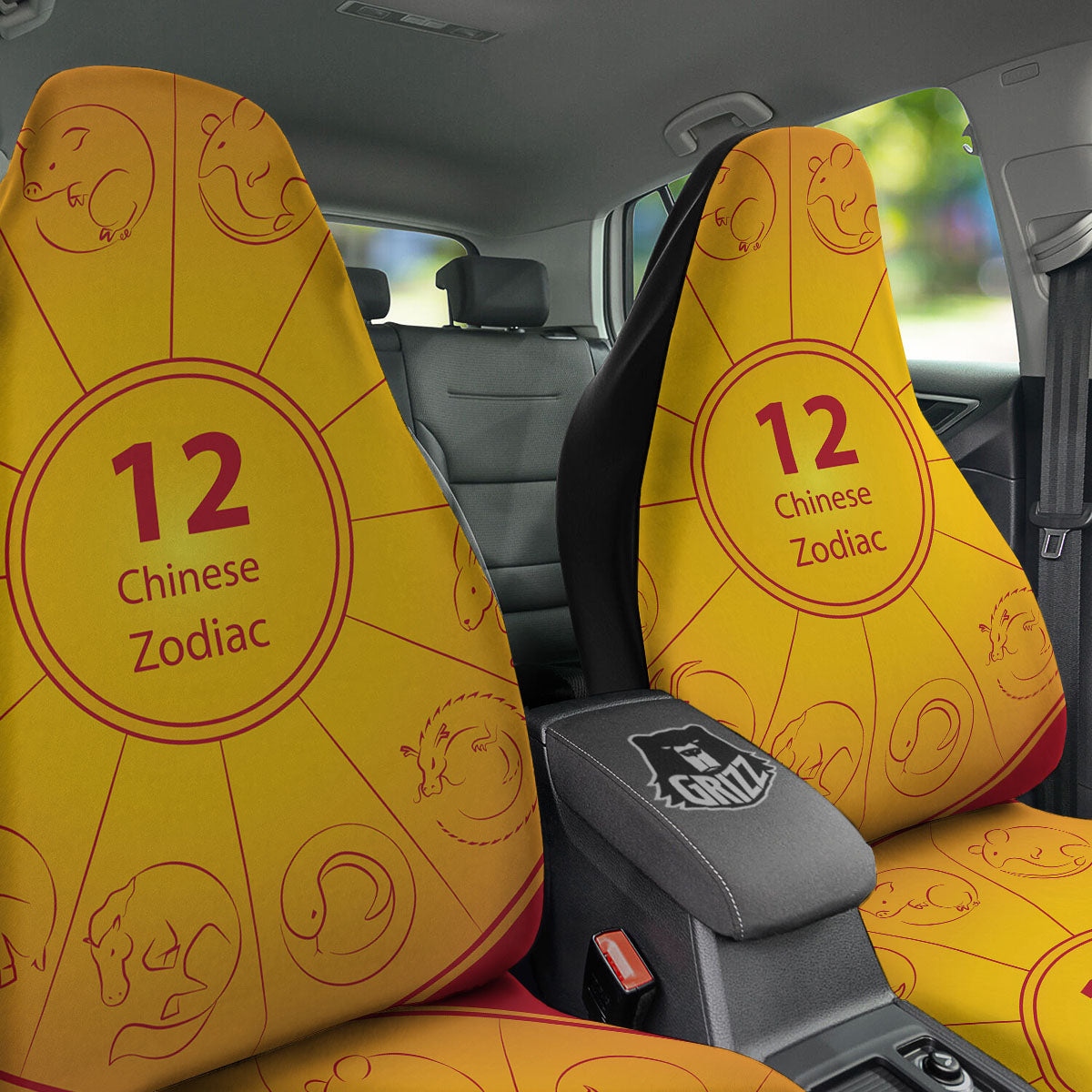 Chinese Zodiac Yellow And Red Print Car Seat Covers-grizzshop