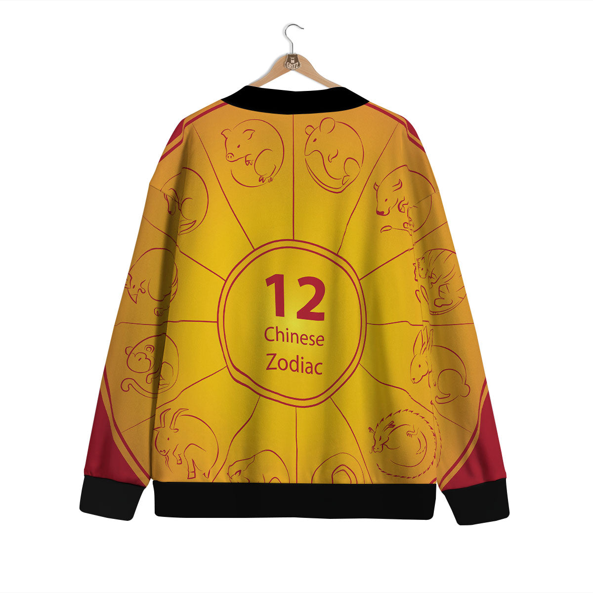 Chinese Zodiac Yellow And Red Print Cardigan-grizzshop