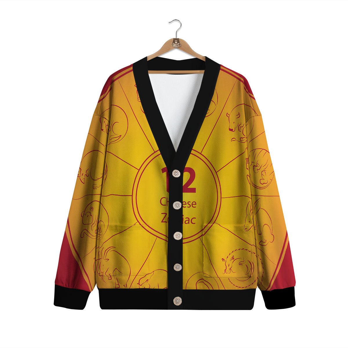 Chinese Zodiac Yellow And Red Print Cardigan-grizzshop