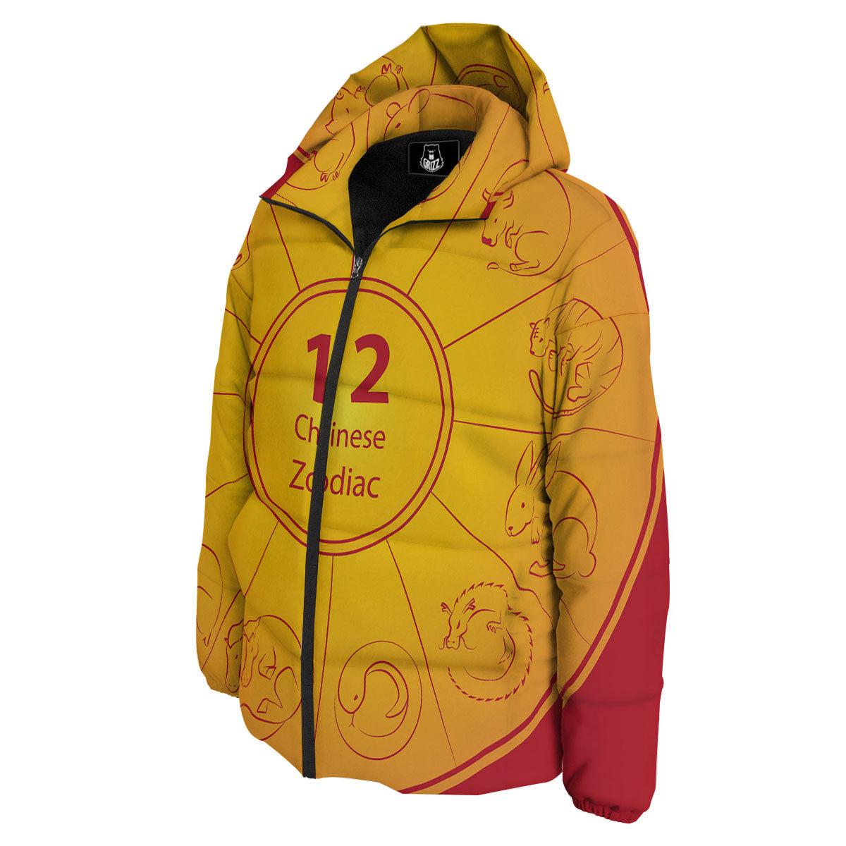 Chinese Zodiac Yellow And Red Print Down Jacket-grizzshop