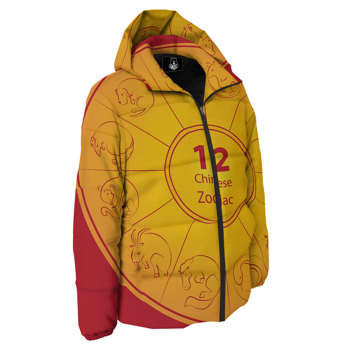 Chinese Zodiac Yellow And Red Print Down Jacket-grizzshop