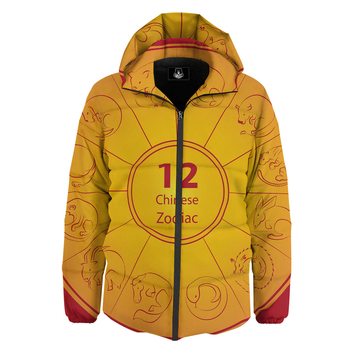 Chinese Zodiac Yellow And Red Print Down Jacket-grizzshop