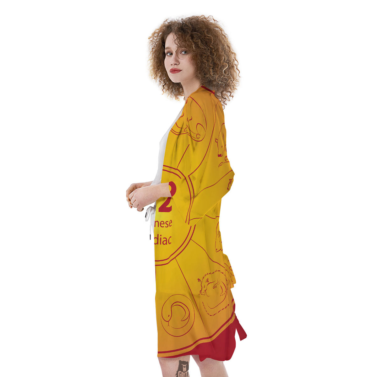 Chinese Zodiac Yellow And Red Print Kimono-grizzshop