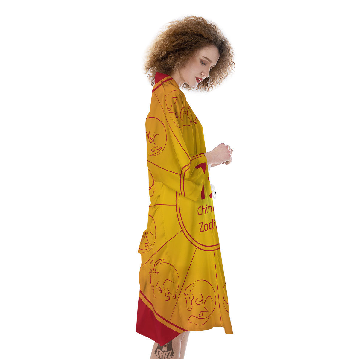 Chinese Zodiac Yellow And Red Print Kimono-grizzshop
