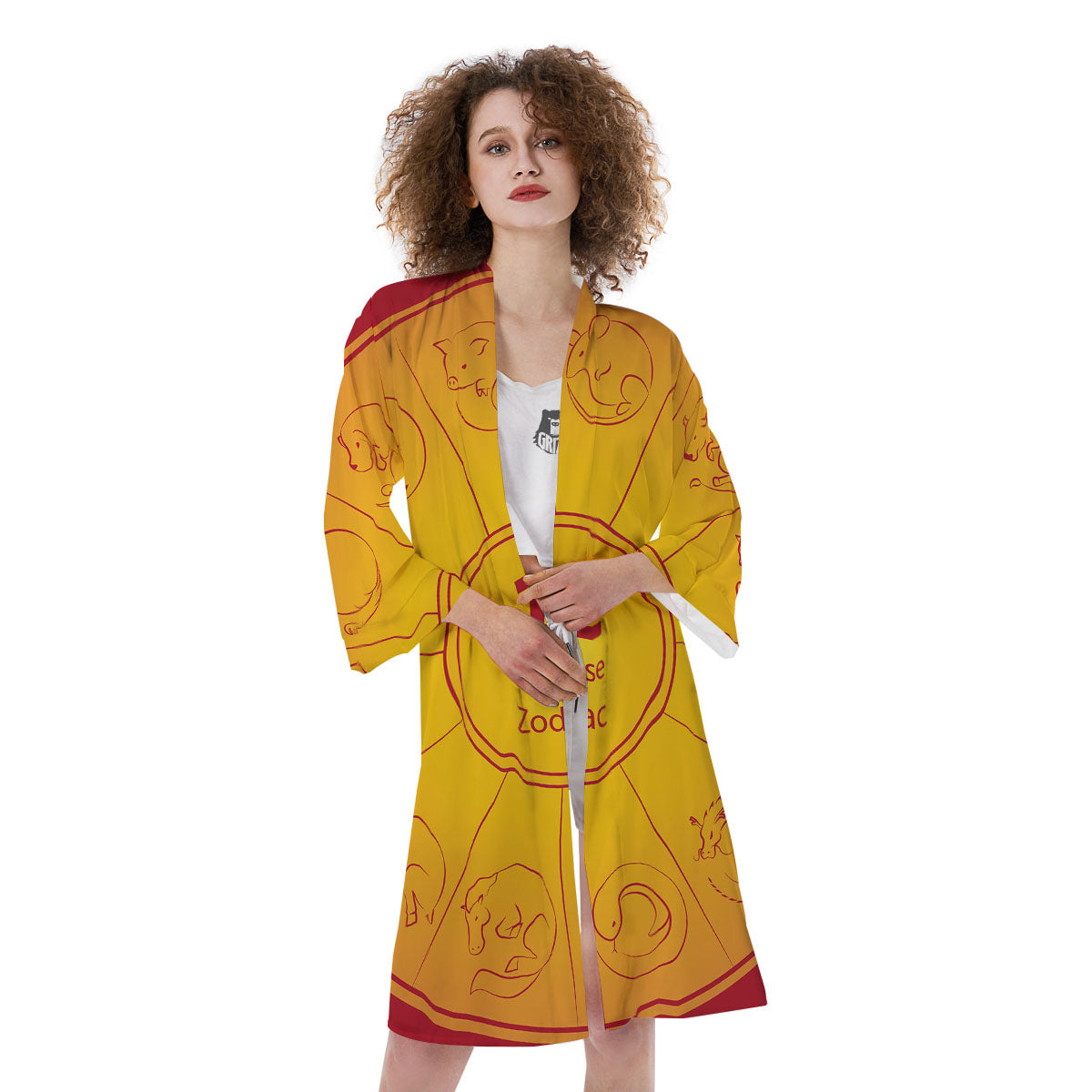 Chinese Zodiac Yellow And Red Print Kimono-grizzshop