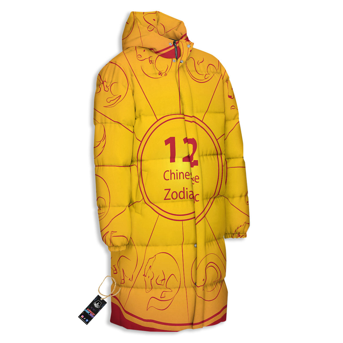 Chinese Zodiac Yellow And Red Print Long Down Jacket-grizzshop