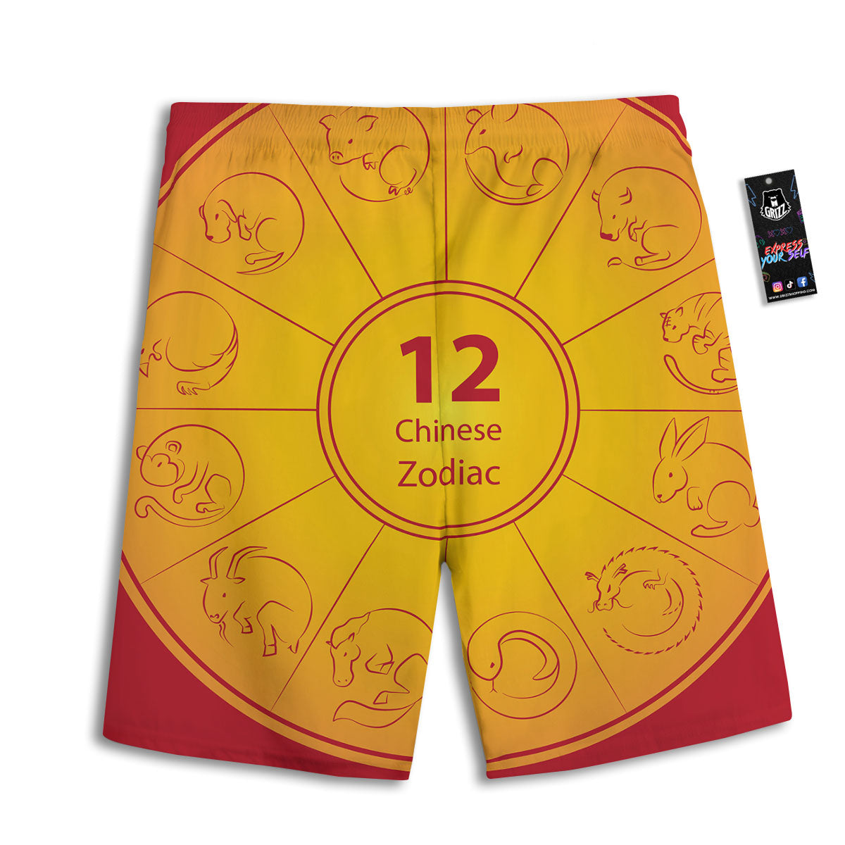 Chinese Zodiac Yellow And Red Print Men's Athletic Shorts