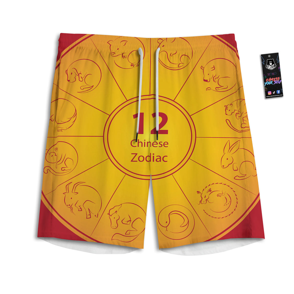 Chinese Zodiac Yellow And Red Print Men's Athletic Shorts