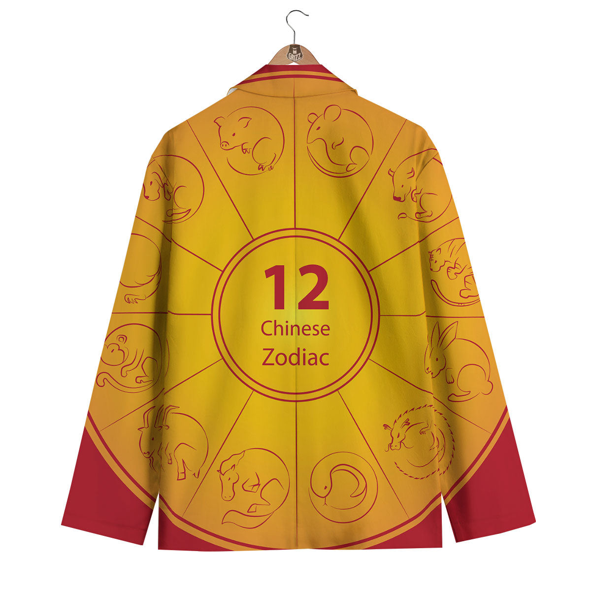 Chinese Zodiac Yellow And Red Print Men's Blazer-grizzshop