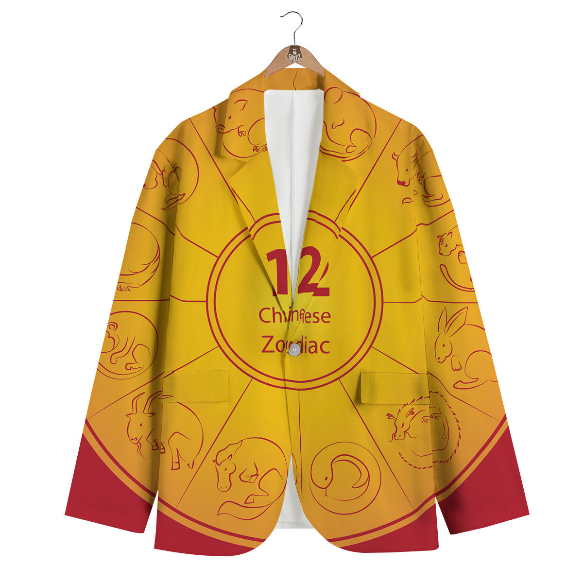 Chinese Zodiac Yellow And Red Print Men's Blazer-grizzshop