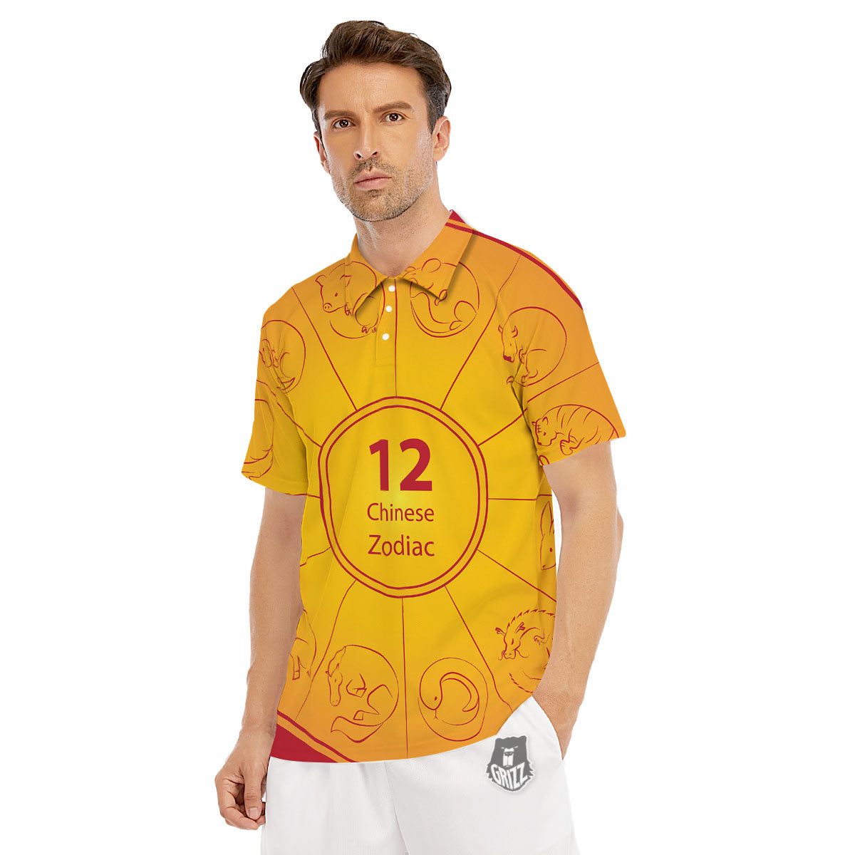 Chinese Zodiac Yellow And Red Print Men's Golf Shirts-grizzshop