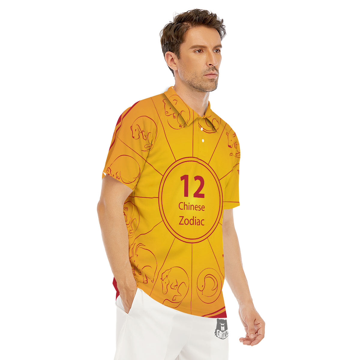 Chinese Zodiac Yellow And Red Print Men's Golf Shirts-grizzshop
