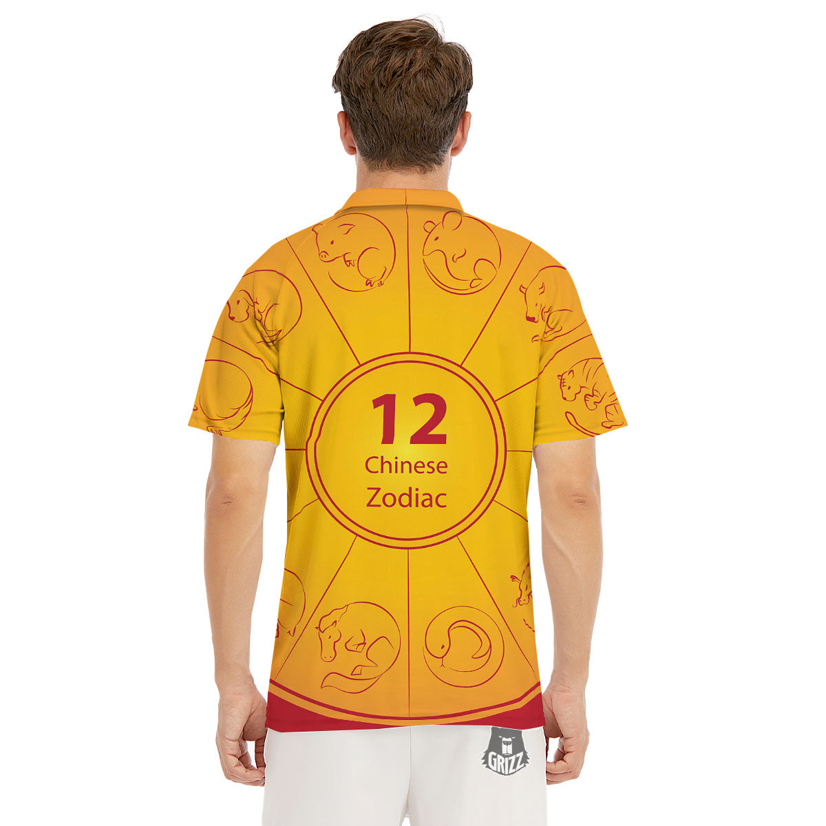 Chinese Zodiac Yellow And Red Print Men's Golf Shirts-grizzshop