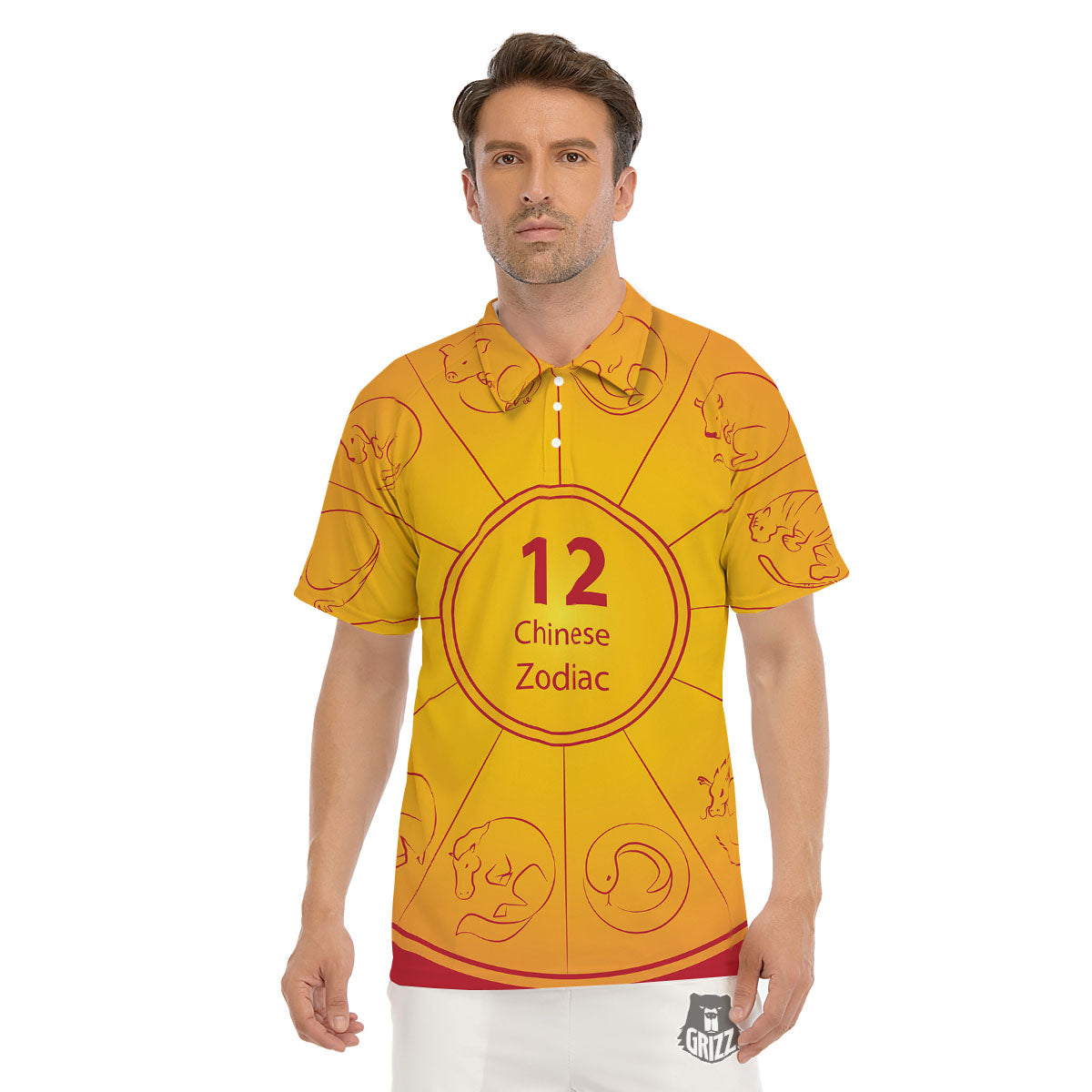Chinese Zodiac Yellow And Red Print Men's Golf Shirts-grizzshop