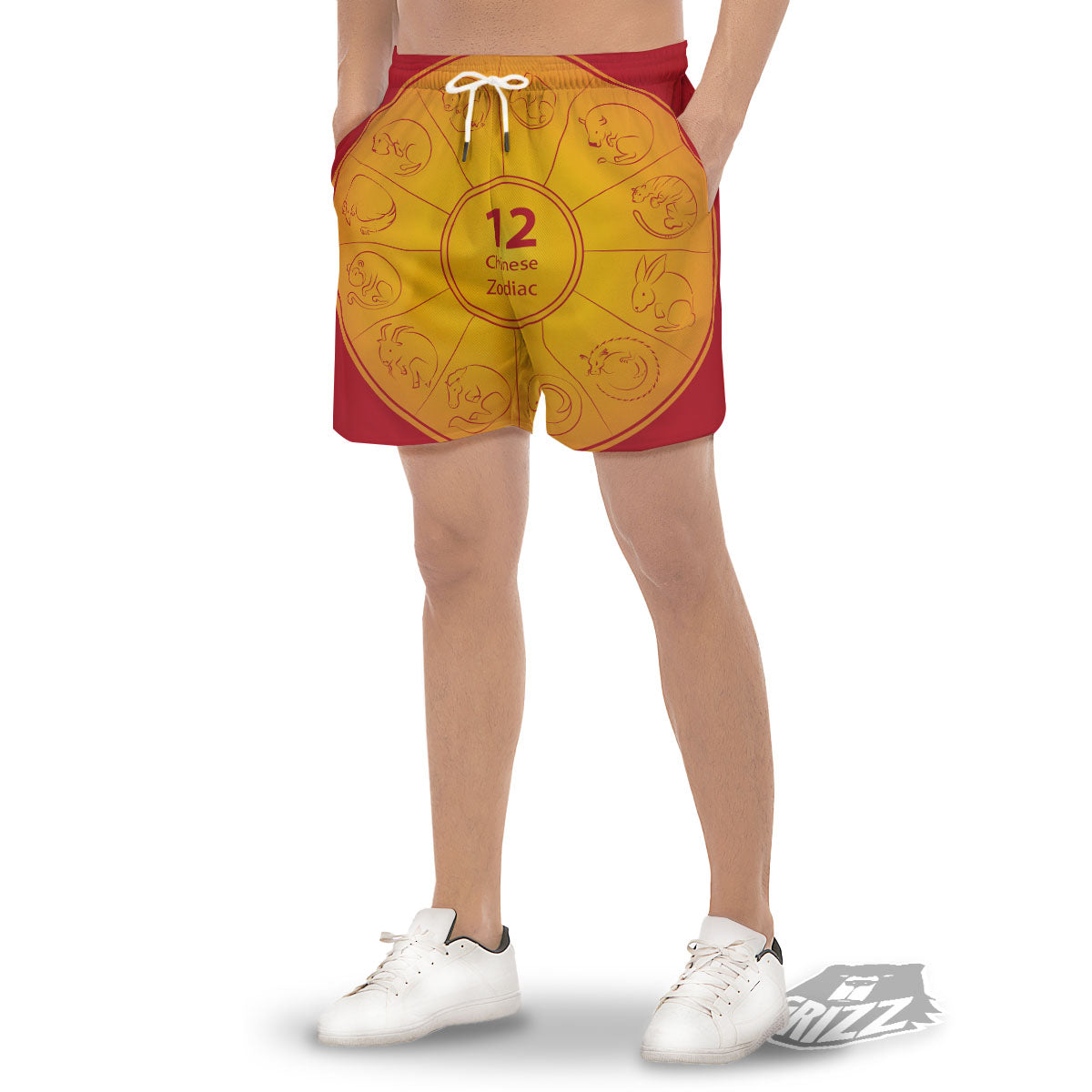 Chinese Zodiac Yellow And Red Print Men's Gym Shorts-grizzshop